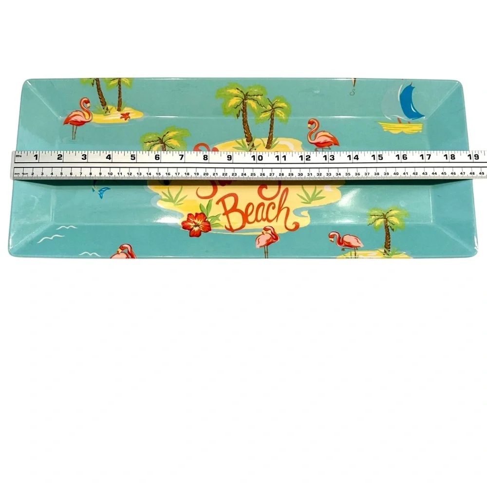 Pink‎ Flamingo Tropical Beach Serving Tray 19x8” Blue Melamine Plastic Platter